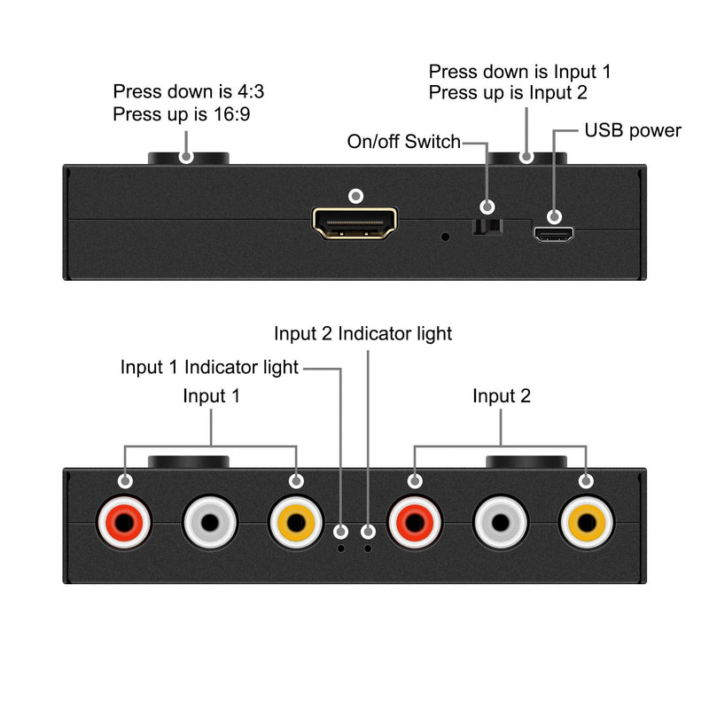 2 Port RCA/AV to HDMI Converter Adapter Support 16:9/4:3 for WII/N64/PS1/PS2/PS3/VHS/VCR/DVD Players etc(2 AV in 1 HDMI Out) 2Port AV to HDMI Converter
