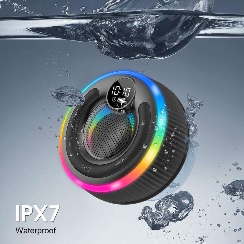 [AUSTRALIA] - Bluetooth Speaker, Shower Speaker Stereo Sound, IPX7 Waterproof Speakers, Digital Display Portable Speaker with Suction Cup, LED Light, Small Wireless Speakers for Outdoor Party Beach Bathroom, Black 