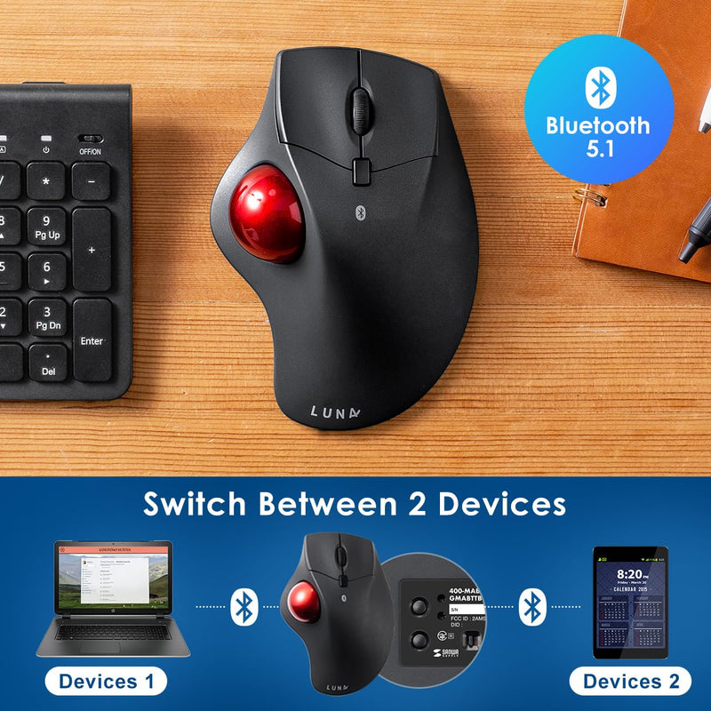 SANWA TB41 Bluetooth Trackball Mouse + Bluetooth Numeric Keypad Set, Programmable Silent Buttons Roller Ball Mice, Rechargeable Ten Key Number Pad Portable, Compatible with Mac, Laptop, Windows, Black