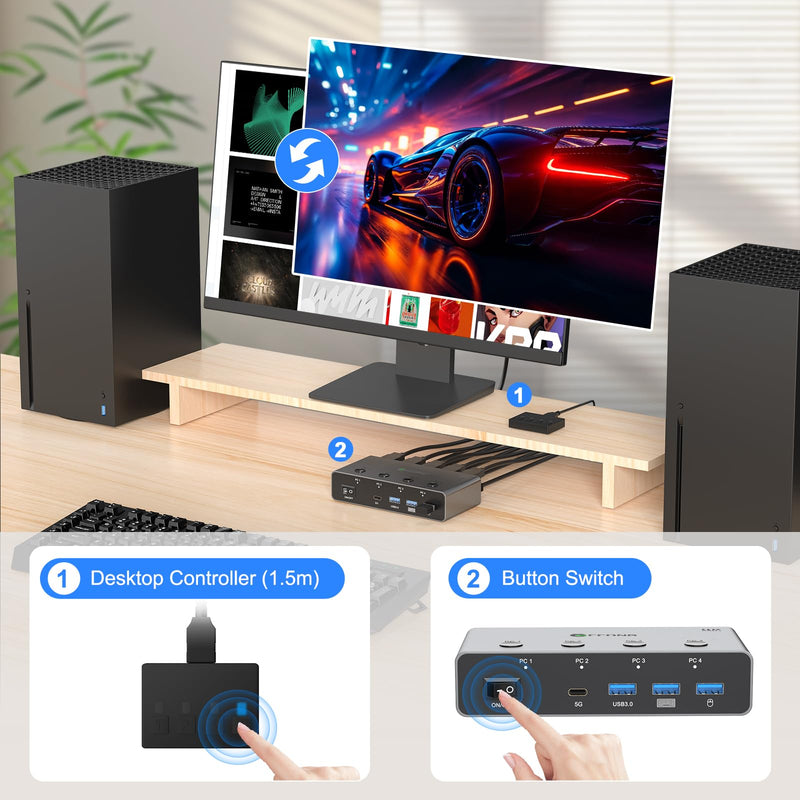 5Gbs HDMI KVM Switch 1 Monitor 4 Computers KVM Switches 8K@60Hz | 4 Port with 3 USB 3.0 and 1 USB C Ports Share Keyboard Mouse Hard Drives Printer with 4 USB Cables and Desktop Controller Space Gray 4 PC 1 Monitor