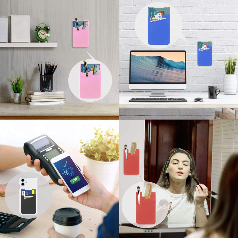 SS Card Holder for Back of Phone, Phone Wallet Stick-on Credit Card Sleeve Pocket Silicone Cell Phone Pouch Compatible for iPhone,Samsung Galaxy and Most SamrtPhones 4 Pack Black+White+Gray+Pink