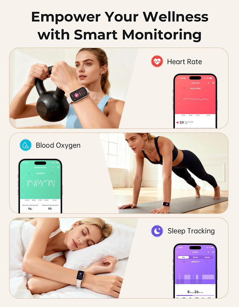 Fitness Tracker with 24/7 Heart Rate Monitor, Sleep Tracker - 3 ATM Waterproof Fitness Watch Calorie Step Counter Smart Watch Includes 3 Sport Bands for Android iOS Women Men, Mystic Rose/Starlight