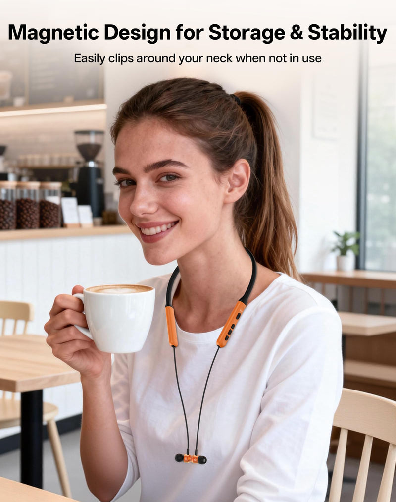 Neckband Bluetooth Headphones, Wireless Bluetooth 6.0 Earbuds with Microphone, Comfortably Light, Deep Bass Earphones 35H Playtime, IPX5 Waterproof, Magnetic Headset for Workout (Deep Orange) Deep Orange