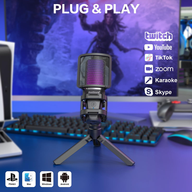 ZealSound Gaming USB Microphone for PC,RGB Condenser Computer Mic with Tripod Stand,Quick Mute,Gain Control for Gaming,Streaming,Podcasting,Recording,ASMR,Cardioid Mic Kit for Laptop/PS4/PS5/Phone RGB