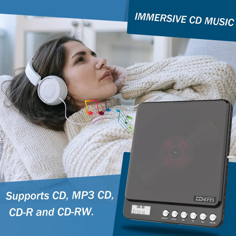 [AUSTRALIA] - Portable CD Player with Bluetooth and FM Transmitter, 2000mAh Rechargeable Bluetooth CD Players with Speakers Dual Headphones Jack Anti-Skip cd Player for Car Home Adults Kids 766-Bluetooth Black 