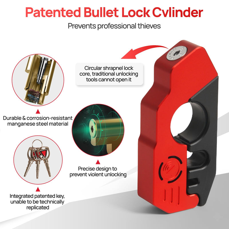 [AUSTRALIA] - Motorcycle Locks Anti Theft, 130DB Alarm Motorcycle Grip Brake Lock, Heavy Duty Handlebar Throttle Lock Waterproof Alarm System for Moped, Bike, Scooter, ATV (Red) Red 