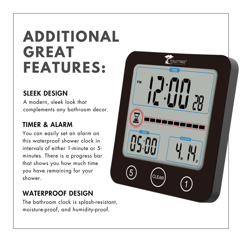 [AUSTRALIA] - ToiletTree Products Digital Bathroom Shower Clock with Alarm & Large LCD Display – Waterproof, Humidity & Moisture Resistant – Clocks for Bath & Kitchen Black 