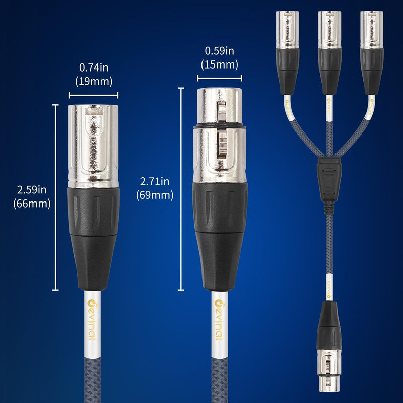 XLR 3 Way Splitter Cable, Devianl 1 Female to 3 Male XLR Split, Balanced Microphone 1 to 3 Cord Adapter Combiner, 2 FT 2FT/ 1 Pack (1 to 3)