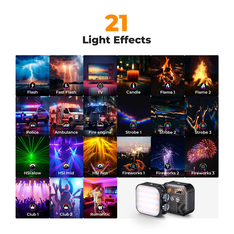 K&F Concept RGB Video Light, 360° Full Color Portable Photography Light, LED Camera Light w 21 Light Effects, 2500K-9900K CRI 96+, 2000mAh Rechargeable Photography Lighting for Vlogging, Selfie, Black