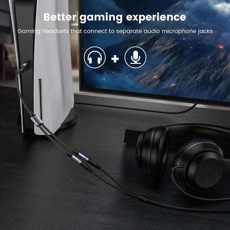 MOSWAG USB Audio Adapter External Sound Card Stereo Cable with Dual TRS 3-Pole 3.5mm Headphone and Microphone Jacks USB to Dual 3.5mm Audio Jack Adapter Cable for Windows Mac PC Laptops 10 Inch/25 cm Black