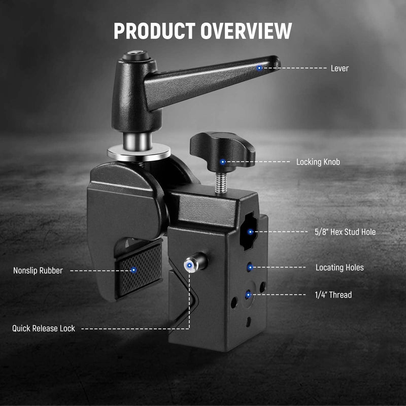 [AUSTRALIA] - NEEWER Super Clamp with 5/8" Stud, Spring Lock, 2.4"/6cm Jaw Grip Heavy Duty Crab Pole Clamp for Round Pipe Flat Surface, for Photography Studio Camera & Lighting Mounting, Max Load 33lb/15kg, UA017 UA017(1 Pack） 