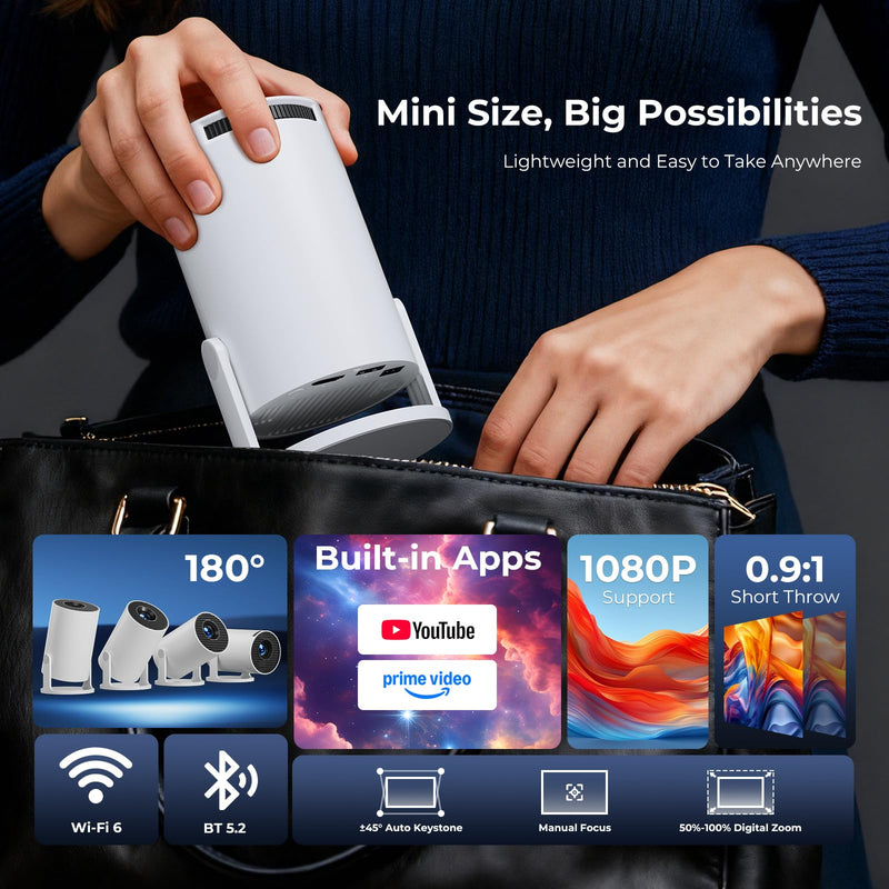 [AUSTRALIA] - [Built-in Apps] CLOKOWE Mini Projector with WiFi and Bluetooth, 2026 Upgraded 1080P Smart Portable Projector with 180° Rotation, Auto Keystone, Compatible with iPhone/Android/Laptop/TV Stick/HDMI/USB white 