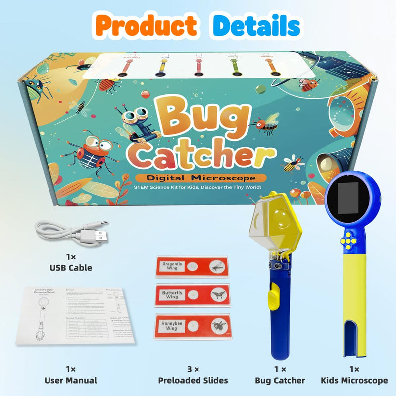 Kids Microscope with Bug Catcher Kit, 1080P Digital Mini Handheld Microscope STEM Science Toy with LED Light, Rechargeable, Portable, Supports 64GB TF Card, Educational Gift for Kids Ages 3-12 (Blue) Blue