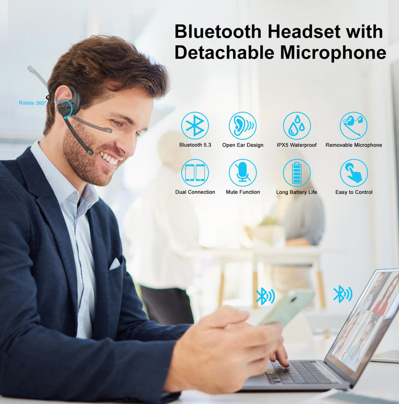 iDIGMALL Bluetooth Headset with Detachable Microphone, Multi-Point Wireless Headset w/DSP Noise Canceling Mic for Phone PC Laptop, Comfort & Light Open Ear headphones for Office Meeting Home Work, 12H G9-Black