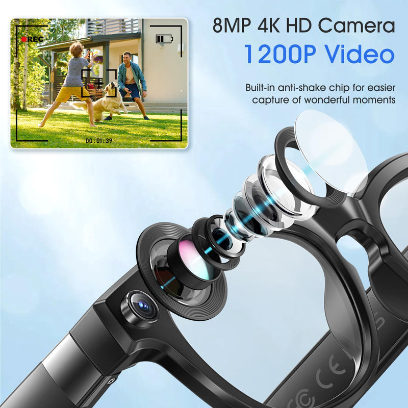 8MP Camera Glasses for Men and Women & Replacement Sunglasses Lenses, HD 1200P 4K Video Recording | Real-Time Translation & Object Analysis