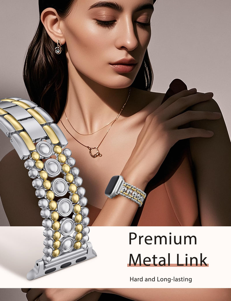 Minyee 2 Packs Band Compatible with Apple Watch Band Women 42/46/38/40/41/44/45/49mm, Premium Soft Leather Strap with Bling Dainty Flower Charm & Pretty Stainless Steel Metal Studded Designer Link Bra