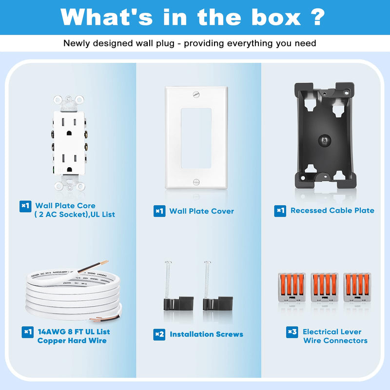 in-Wall Outlet Relocation Kit, 2 AC Outlets, 8 ft Cord, White | Recessed 2-outlet wall box and 8 ft cord for relocating power and hiding TV cords