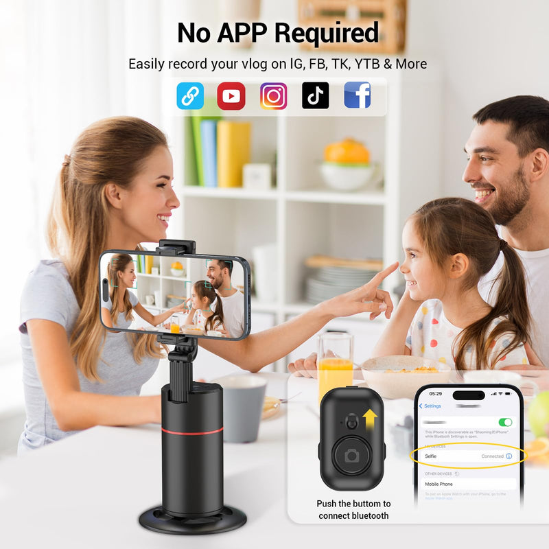 Auto Face Tracking Tripod 360° Rotating Auto Tracking Phone Holder, No App, Phone Camera Stand with Remote and Gesture Control, Smart Shooting Stand for Vlog/TIK Tok Live Video Recording Black