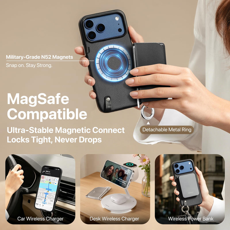 MAGEASY Pouch MagSafe Crossbody Wallet Phone Case for iPhone 17 Air 6.5", Removable Wallet with Strap Adjustable, Drop Protection Magnetic Purse Case, RFID Blocking Card Holder Coin Pocket (Silver)