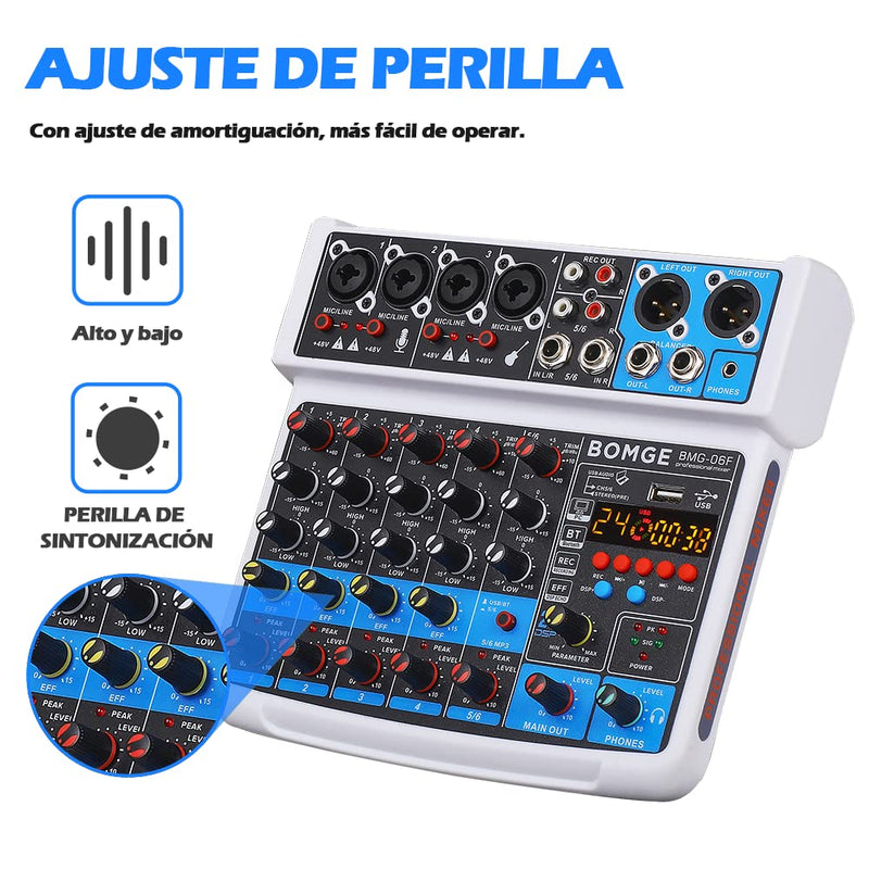 [AUSTRALIA] - BOMGE 6 Channel mini DJ Audio sound mixer console with USB interface, Bluetooth, Stereo Recording, 48V Phantom Power, 24 DSP effects for karaoke, singing, live，streaming，pc recroding. (white) white 