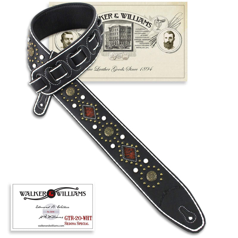[AUSTRALIA] - Walker And Williams GTR-20-WHT Sedona Special Premium Black Padded Guitar Strap With White Stitching Brass Studs & Rivets For Acoustic, Electric, And Bass Guitars 