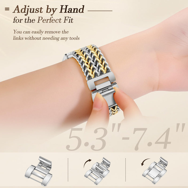 JR.DM Starlight Metal Watch Band Women 20mm Dressy Strap Stainless Steel Chain Bracelet Compatible with Samsung Galaxy Watch 7/6/5/4/Active 2/4 6 Classic/5 Pro/FE 40mm 42mm 43mm 44mm 45mm 46mm 47mm A5 Silver+Gold