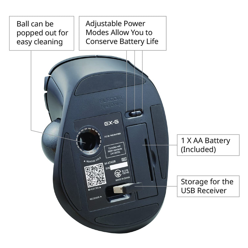 ELECOM EX-G Left-Handed Trackball Mouse, 2.4GHz Wireless, Thumb Control, 6-Button Function with Smooth Tracking, Ergonomic Design, Optical Gaming Sensor, Windows11, macOS (M-XT4DRBK)