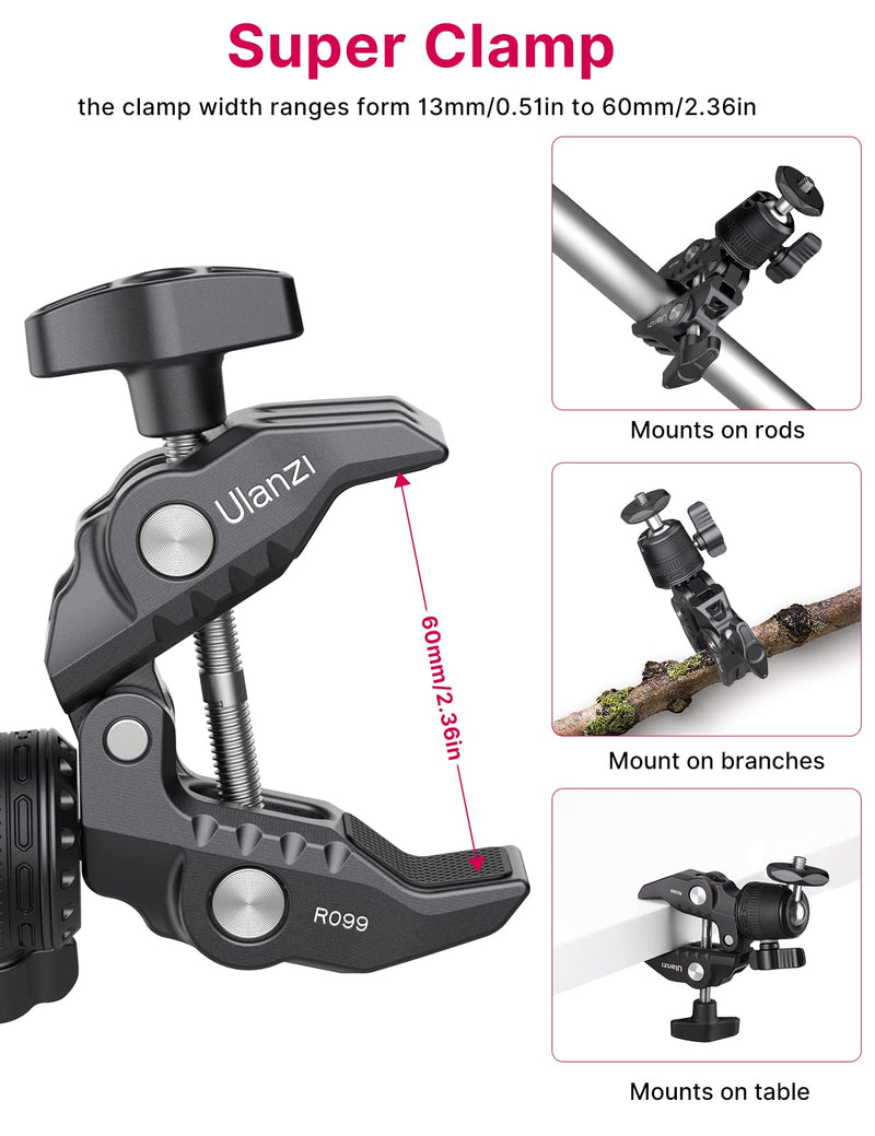 [AUSTRALIA] - ULANZI R099 Super Clamp Camera Mount - Heavy Duty 3.3lb Load Metal Clamp with 360° Ball Head for Action Cameras (GoPro/Insta360/DJI), DSLR, Bike/Motorcycle Handlebar, Pole/Tube Mount Accessories 