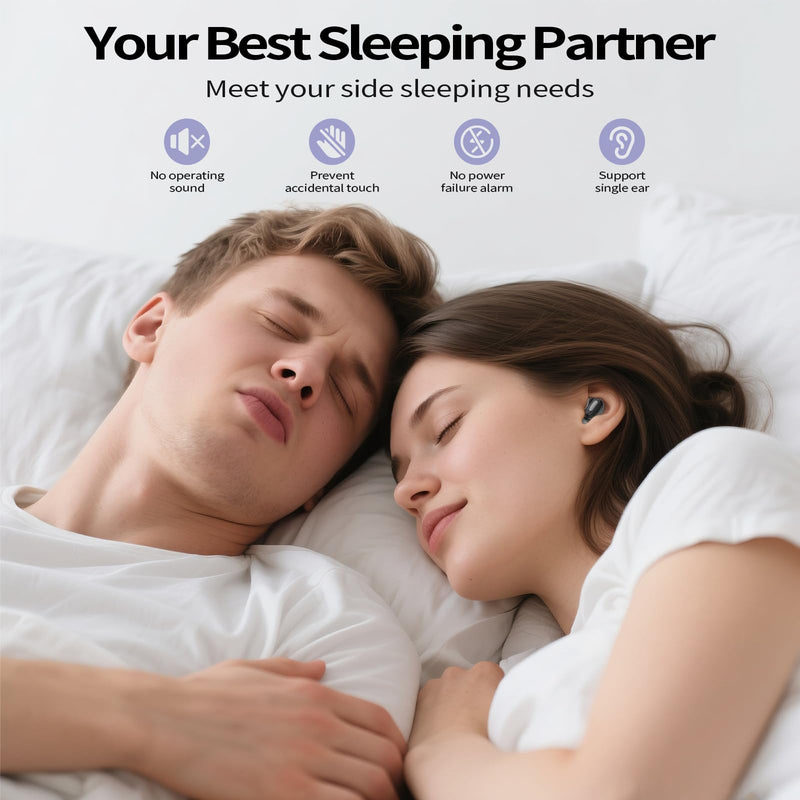 Mini ANC Sleep Earbuds, Wireless Ear Buds Headphones for Side Sleepers | Skin-friendly silicone noise cancelling earbuds with smart sleep mode. Mutes alerts for uninterrupted night sleep. Black