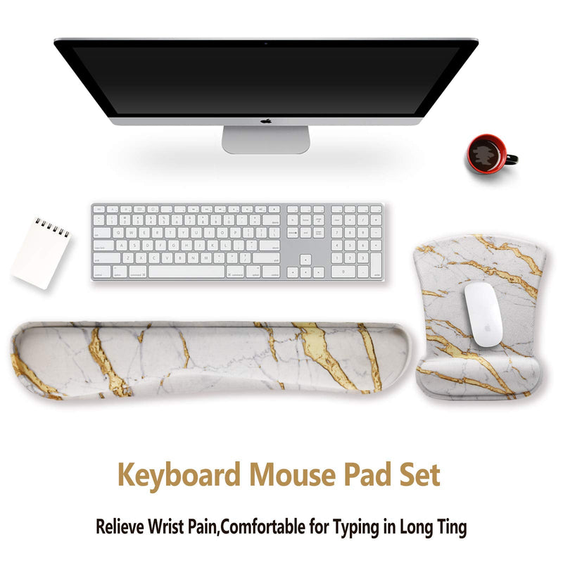 ArtSo Keyboard Wrist Rest and Mouse Pad with Wrist Support, Ergonomic Mouse Pad, Durable & Comfortable & Lightweight for Easy Typing Pain Relief, Memory Foam Keyboard Mousepad Set, White Yellow Marble