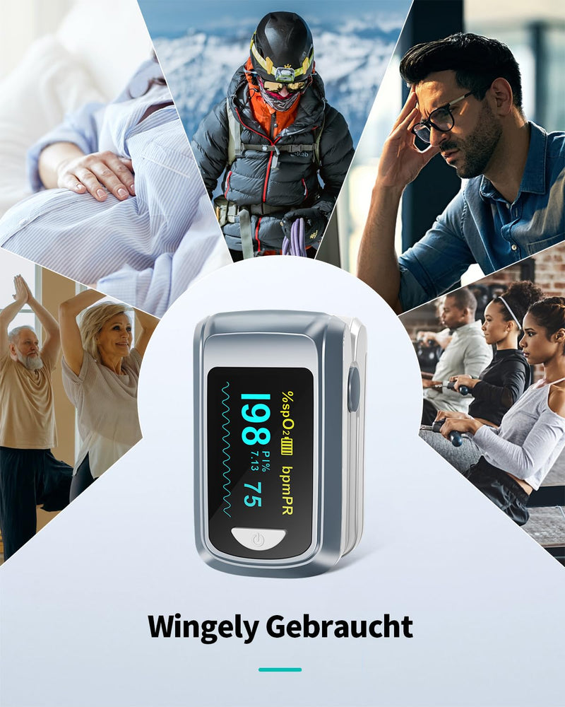 HealthTree Blood Oxygen Saturation Monitor and Heart Rate Monitor for Apple and Android with OLED Screen Included, 2 AAA Batteries and Lanyard Grey