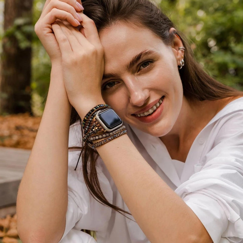 Cape Diablo Onyx Moonlight Smart Watch Strap - Genuine Energy Crystal Band - Boho, Black & Gold Beaded, Adjustable, Healing Chakra Stone Watch Bracelet - Apple Models 4, 5, 6, 7, 8, 9, SE - 38-45mm