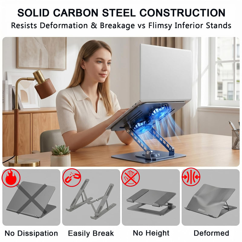 Laptop Stand with Cooling Fan, 360° Rotating Base Aluminum Laptop Riser, Foldable Ergonomic Computer Stand for Desk, Height Adjustable Notebook & All Laptops Up to 17.3" (Black) Black