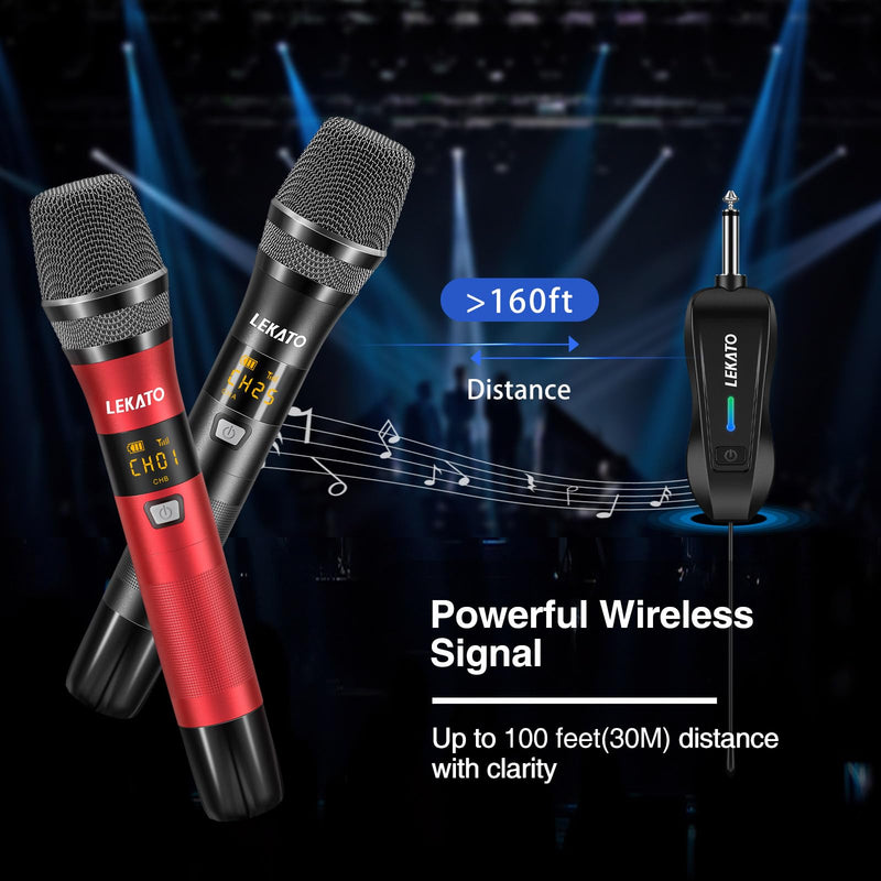 LEKATO Wireless Microphone Rechargeable Wireless Microphones with Receiver Dual Handheld Microphone System Dynamic MIC for Singing, Speech, Wedding, Church,Speaker, PA System Black&Red
