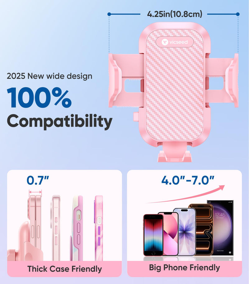 VICSEED Stable Car Phone Holder [Upgraded Strongest Suction, Won't Break] | Military-Grade Cell Phone Mount for Dash/Windshield/Vent/Truck/Boat, Universal for Big iPhone Android with Thick Cases, Pink Hot Pink