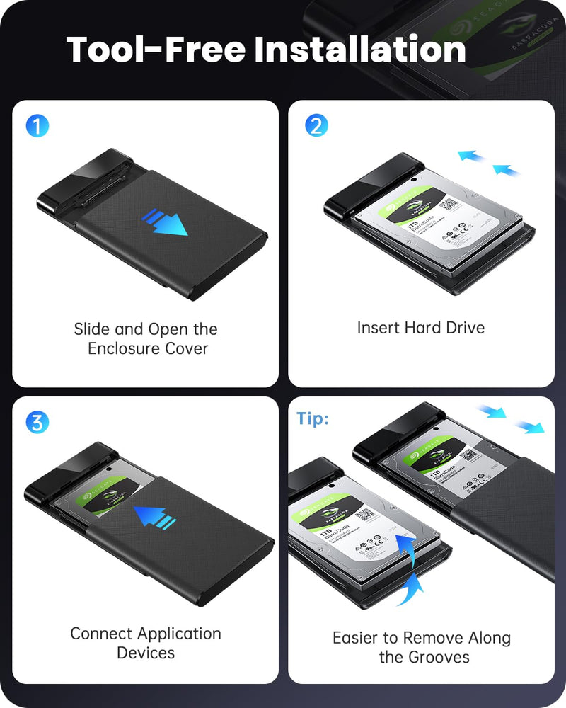 POSUGEAR 2.5'' External Hard Drive Enclosure USB 3.0 to SATA III Tool-Free External Hard Drive Case for 7mm/9.5mm 2.5 inch SSD HDD with UASP, Compatible with WD Toshiba Samsung Hitachi PS4 Xbox PC TV