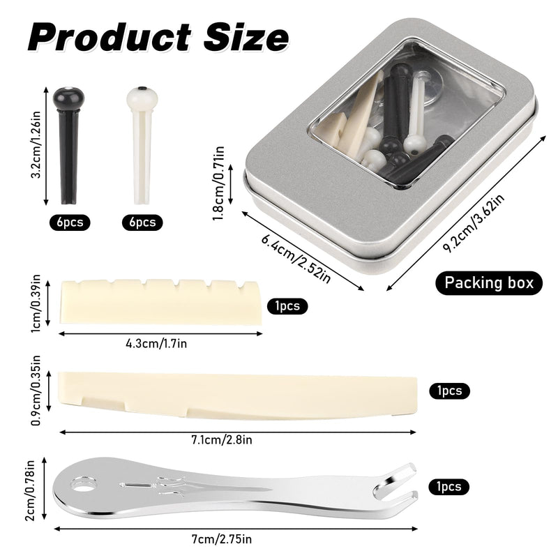 12 Pieces Guitar String Pegs Replacement Parts Acoustic Guitar Bridge Pins with 2 Pcs Guitar Bridge Saddle Nut and Bridge Pin Puller Remover Kits Tools