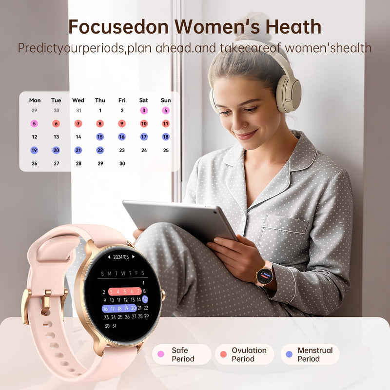 Smart Watch for Women, 1.27" HD AMOLED Smartwatch (Answer/Call) for iPhone/Android/Samsung, Fitness Tracker with 120+ Sport Modes, Heart Rate/Sleep/Health Monitor, IP68 Waterproof, 2 Bands Rose Gold