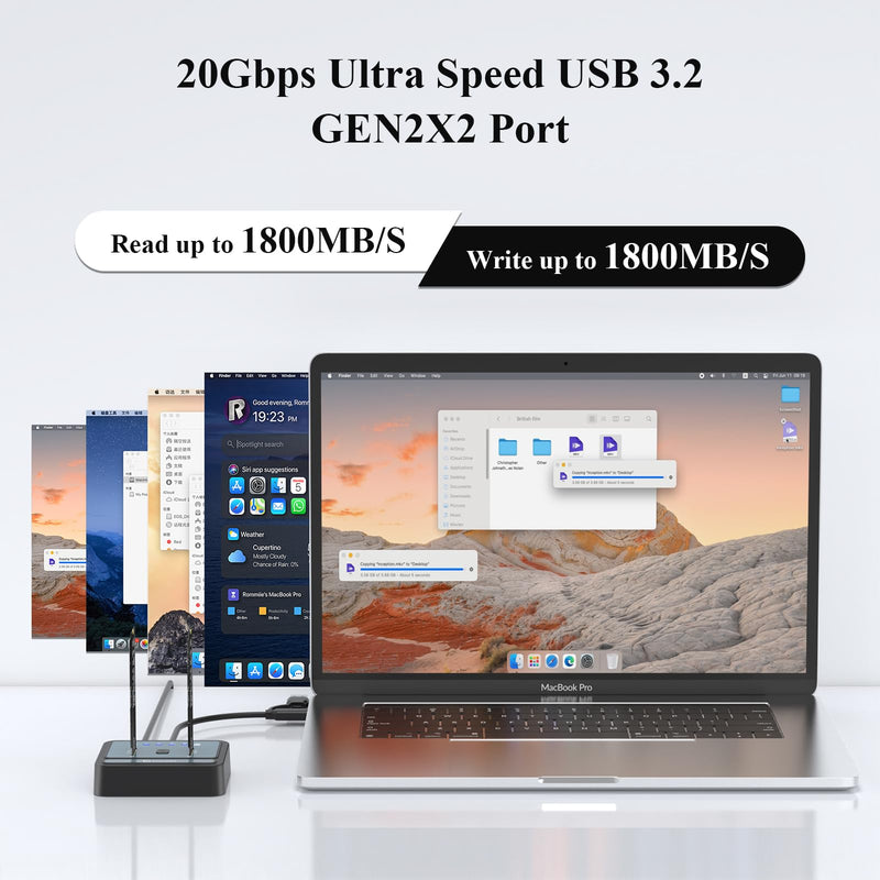 M.2 NVMe/SATA SSD Cloner, M.2 Duplicator 2-Bay Hard Drive Enclosure | Tool-Free 20Gbps USB3.2 Gen 2X2 Hard Drive Reader for NVMe SATA SSD Supports Offline Clone, UASP and Trim Gery