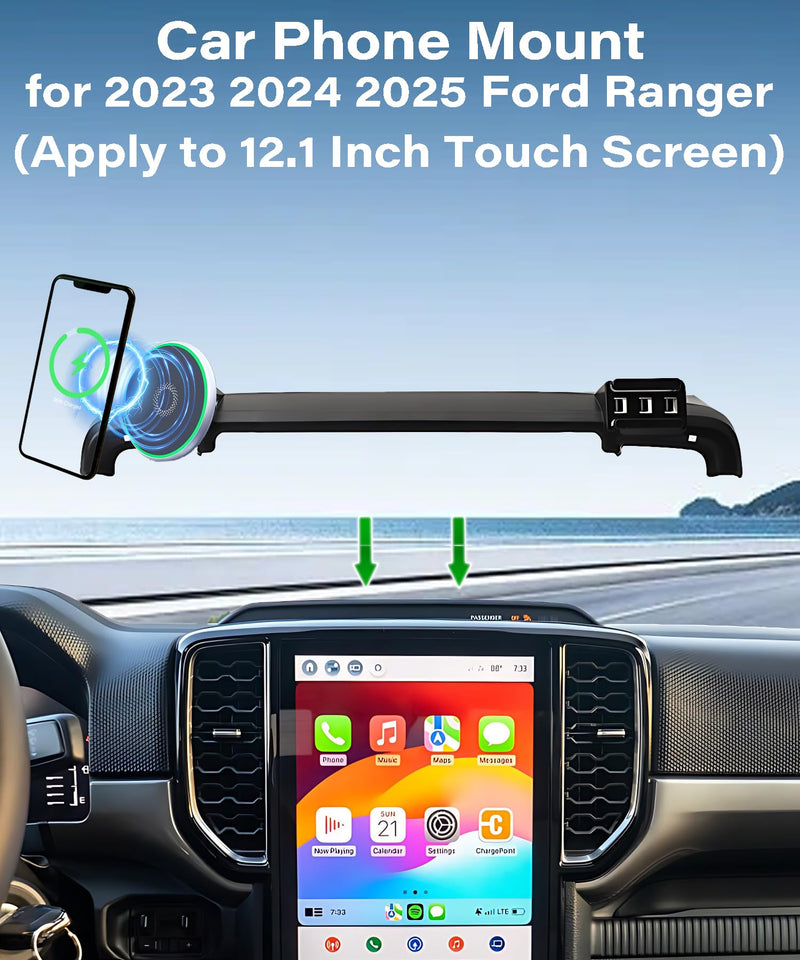 Car Phone Mount for Ford Ranger 2023 2024 2025 12.1" Screen Accessories | MagSafe 15W Fast Wireless Charger Cell Phone Holder,360° Rotatable 3D Fit Navigation Clip-On Cradle,will Not Block Air Vents fit for 2023-2025 Ford Ranger(12.1 Inch Screen)