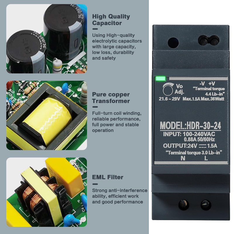 Jadeshay DIN Rail Power Supply 24 V 1.5 A 30 W DIN Rail Power Supply 12 V HDR-30-12 30 W 24 V 1.5 A Switching Power Supply DIN Rail Transformer AC/DC Single Phase Transformer HDR-30W-24V1.5A
