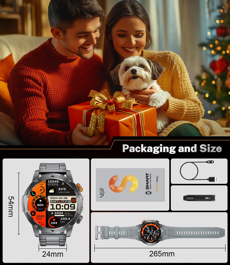 Military Smart Watches for Men(3 Bands),1000mAh/1.75" HD Large Screen Smartwatch, Flashlight/110+ Sports Modes/IP68 Waterproof/Sleep Monitor Fitness Tracker Watch for Android iOS,Gunmetal EF12-G