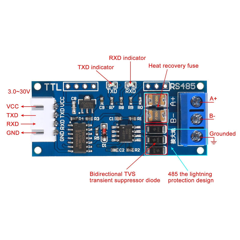 2Pack TTL to RS485 Adapter Module, 485 to TTL 3.3V/5.0V Signals Serial Port Power Supply Converter with Indicator Lights