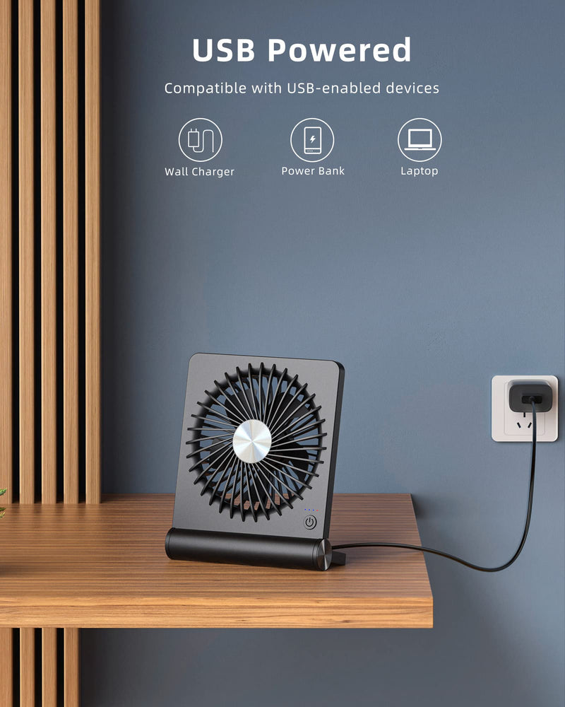 Koonie USB Fan, Strong Wind Ultra Quiet Small Desk Fan 220° Tilt Folding 3 Speeds Adjustable USB-C Corded Powered Personal Fan for Home Office Desktop Black Black without Battery