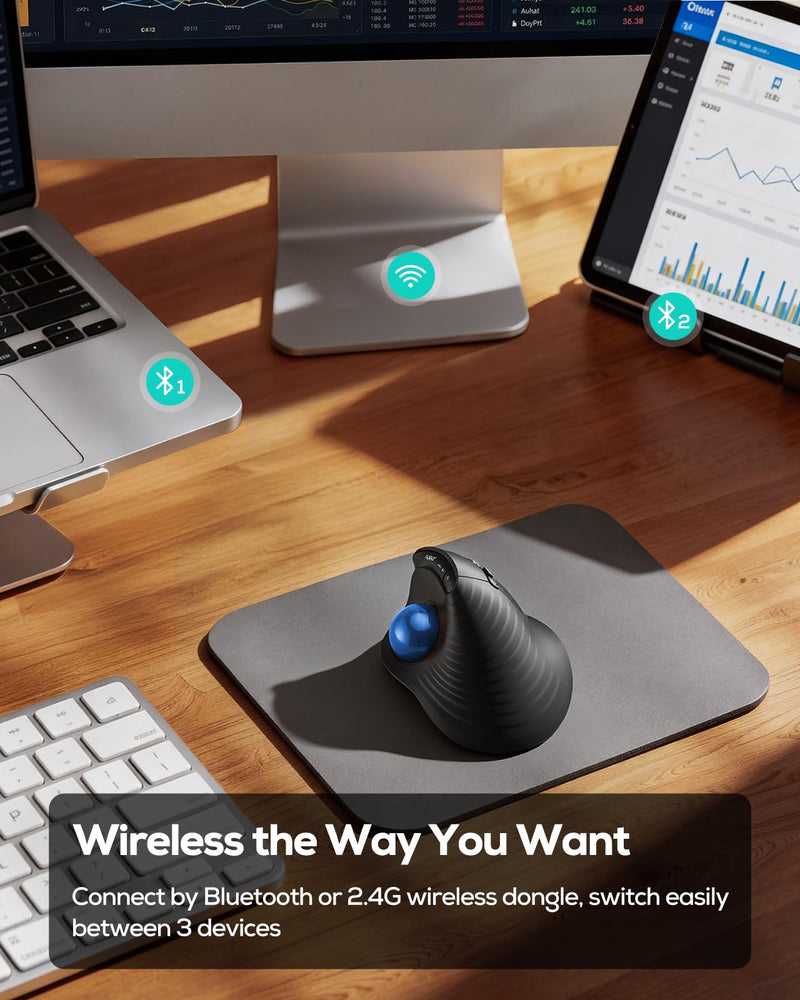 Nulea Wireless Trackball Mouse Ergonomic Vertical Design Thumb Control | Rechargeable mouse with quiet clicks,4 DPI levels,3 device Bluetooth & USB receiver,smooth tracking,compatible with PC-Blue B-Blue