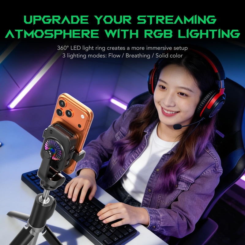 Black Shark Live Streaming Cooler – Portable Clip-On Phone Cooler with RGB Lights for Gaming, Streaming, Video Recording & Photography, Low-Noise Portable Design for Quiet, Lightweight, Easy Carry Use