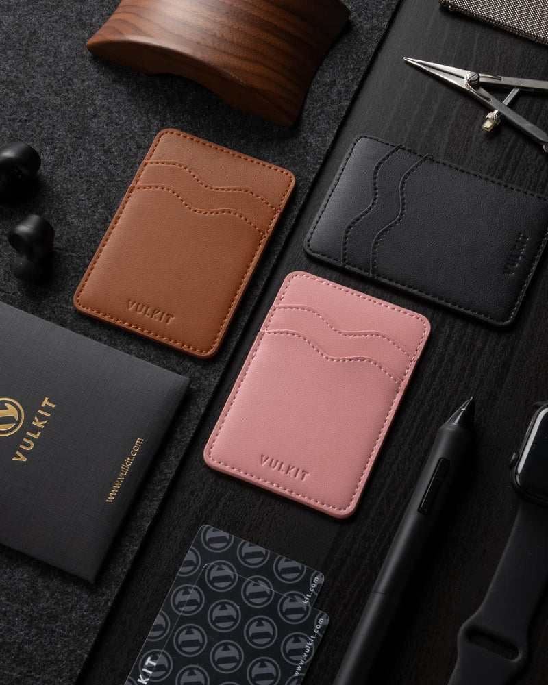 VULKIT Phone Card Holder Slim Leather Adhesive Pocket RFID Blocking Credit Card Sleeves Sticker for Back of Smartphone(Brown) Brown