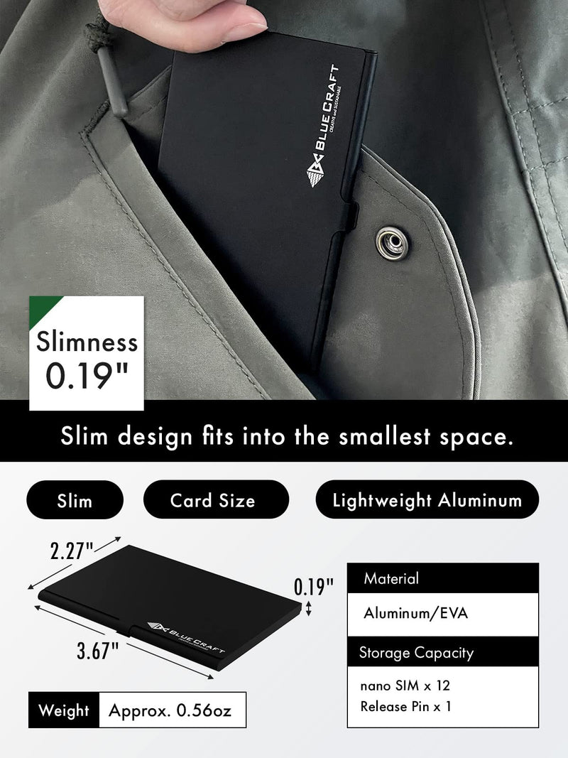 BLUECRAFT Nano SIM Card Case (Max. 12 Nano SIM Slots) Slim Aluminum Antistatic Holder with SIM Card adapters and Removal Ejector Pin Tool(Black) Black