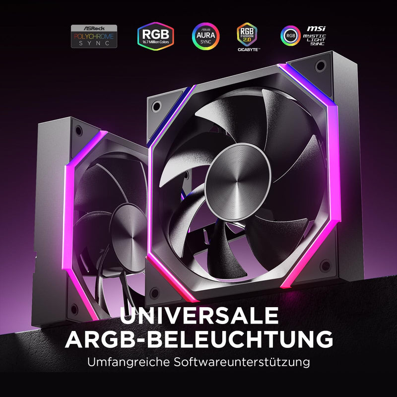 AsiaHorse RGB PC Fan 120 mm Case Fan [Pack of 3] [HDB] 61.5 CFM/2000 RPM/2.16 MMH2O ARGB Fan 5V3PIN ARGB and 12V4PIN PWM Fan, 50,000 Hours Life Nyota-A12-Black 120MM–Vorwärts black