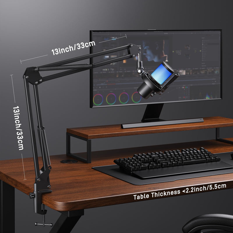 MAONO Boom Arm Microphone Stand: Adjustable Metal Suspension Mic Boom Arm for Podcast Gaming Streaming Recording,with Desk Clamp and 3/8" to 5/8" Screw Adapter-Max Load 1KG BA20 Black
